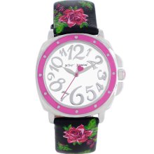 Betsey Johnson Rose Print Leather Strap Watch Black/ Pink