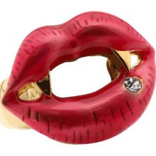 Betsey Johnson Stretch Ring Red Lips Vampire Fangs Gold Base White Crystal Rare