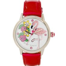 Betsey Johnson Women Watch Fuchsia Leather Flamingo Bj00084-07 Stainless Steel