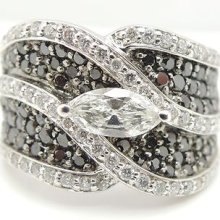 Black & White Marquise Diamond Pave Set Anniversary Band Ring 1.70ct 14k Gold