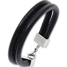 Black Leather & Stainless Steel Double Row Bracelet - 8.5 Inch