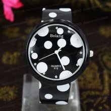 Black Leather Band Dots Design Quartz Ladies Wrist Watch Crystal Hour Marking