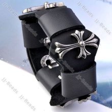 Black Leather Punk Gothic Caved Cross Studded Buckle Bracelet Bangle Cuff 1p