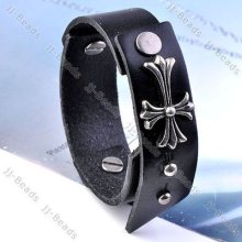 Black Leather Punk Rock Gothic Cross Studded Joint Buckle Men's Bracelet Cuff