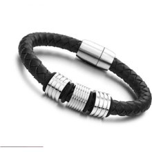 Black Leather W/ Titanium Rings Stainless Steel Men's Bracelet Best Gift