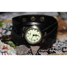 black leather wrist watch,rivet bracelet,leather watch,antique watch,vintage watch ,wrist watch, handmade watch, bracelet,rivet watch,rivet
