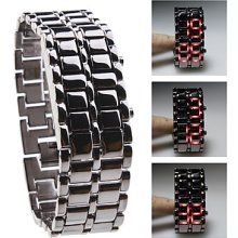 Black Metal Strip Digital Style Lava Iron Sport Mens Red LED Faceless Wrist Watch