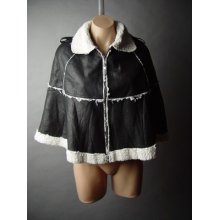 Black Military Steampunk Goth Faux Shearling Collar Cloak Cape Jacket Coat