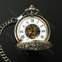 Black Numerals Dial Vintage Pendant Chain Hollow Mechanical Pocket Watch F052