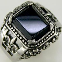 Black Onyx Fleur De Lis Ring Stainless Steel