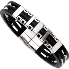 Black Rubber and Stainless Steel 8.25 Inch Bracelet