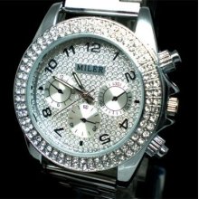 Bling 108 Rhinestones Crystal Stainless Steel Mens Women Fashion Wrist Watch