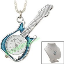 Blue Guitar Pendant Silvery Necklace Good Watch for Ladies