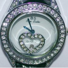 Blue Sister Floating Heart Rhinestone & Leather Watch