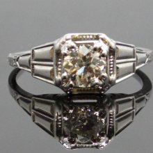 Bold Linear 18K White Gold Art Deco European Cut Diamond Filigree Engagement Ring - RGDI122P