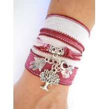 Breast cancer Awareness Wrap bracelet Pink Silk ribbon bracelet Tree of life Hope Survivor Awareness jewelry Bohemian Yoga jewelry, For her