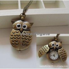 Bronzed Retro Owl Slide Pocket Watch Vintage Necklace Fobwatch Quart