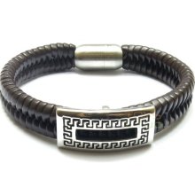 Brown Braided Wrap Leather Steel Greek Key Centerpiece Magnetic Clasp Bracelet