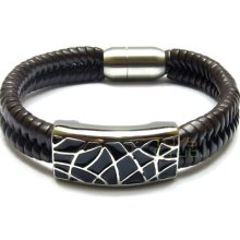 Brown Braided Wrap Leather Enamel Steel Centerpiece Magnetic Clasp Mens Bracelet