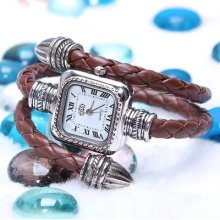 Brown Leather Flexible Band Womens Fashion Bracelet Bangle Quartz Wrist Watch
