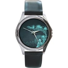 Buddha In Aqua With Lotus Flowers Silver Watch Black Leather