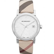 Burberry Bu9022 Women's Swiss Nova Check Fabric Strap White Dial Watch