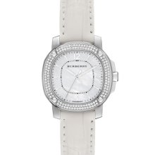 Burberry the Britain Diamond Bezel Alligator Strap Watch, 34mm White