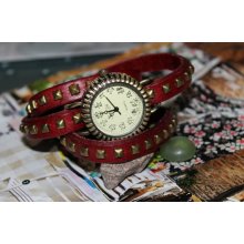 burgundy leather wrist watch,rivet bracelet,leather watch,antique watch,vintage watch ,wrist watch, handmade watch, bracelet,rivet watch,ri