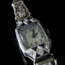 c.1920 Art Deco Platinum case and bracelet 18k Gold dial Diamonds Sapphires Watch Vintage Estate
