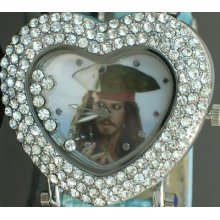 C021 Johnny Depp Pirates Crystal Heart Leather Watch