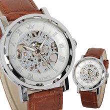 Casual Elegant Silver Skeleton Brown Leather Men Wind-up Mechanical Wrist Watch