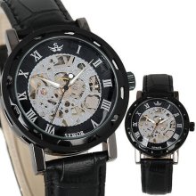 Classy Gift Smart Skeleton Leather Black Wind-up Mechanical Mens Wrist Watch