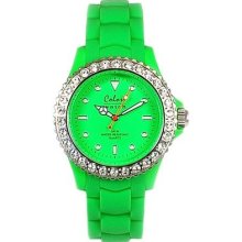 Colori Green 30m, Rotating Crystal Bezel Rubber Strap Ladies Watch - Gotw86