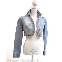 Crest Jean Co. Wash Denim Blue Cropped Ladies Jean Jacket Size S Beaded