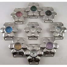 Daisy Flower.. Super Cute Silver and Colored Dial Flower Watch Face, Solid Bar, Ribbon, Stainless Steel