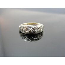 Depression Era, Art Deco Wedding Band, Filigree 14k Gold band with small diamonds, RGDBN102D