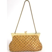 Designer Vint Gold Metallic Small Mesh Gem Detail Small Strap Evening Handbag