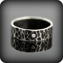 Diamond ring - 5mm hammered recycled sterling silver band with flush set diamond
