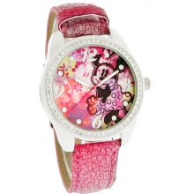 Disney Minnie Mouse Ladies Crystal Bezel Pink Leather Band Watch MIN133