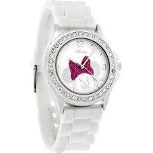 Disney Minnie Mouse Ladies Ice Crystal Pink Bow White Rubber Band Watch MN1058