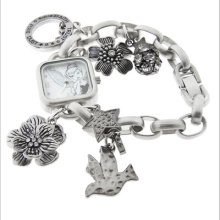 Disney Tinker Bell Ladies Crystal Silver Tone Charm Bracelet Quartz Watch Tk2064