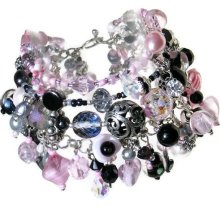 Dove grey crystal pink charm bracelet black 'Dior' handmade