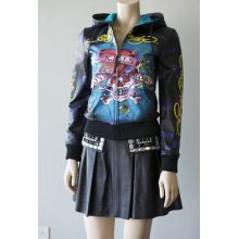 Ed Hardy Women's Black Leather Jacket Hoodie Hood Love Kills Slowly Xs