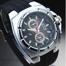 Elegant Big Dial Steel Silicone Black Silver Mens Quartz Analog Wrist Watch Gift