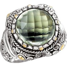 Eleganza Collection Faceted Green Amethyst Ring Sterling Silver W/18k Accents