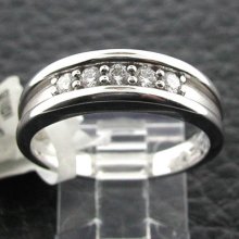 Estate Men's 10k White Gold Five Diamond Beaded Setting Wavy Row Band Ring