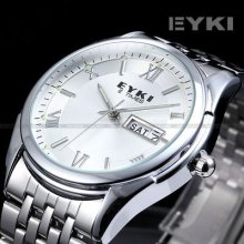 Eyki Men Day Date White Dial Stainless Steel Band Quartz Wrist Watch Dailyetrade