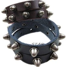 Fashion Cool Punk Mens Circle Button Long Leather Wristband Charm Bracelet