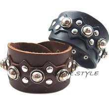 Fashion European Punk Cool Mens Button Wide Leather Wristband Charm Bracelet
