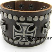 Fashion Mens Cool Cross Button Wide Genuine Leather Charm Wristband Bracelet